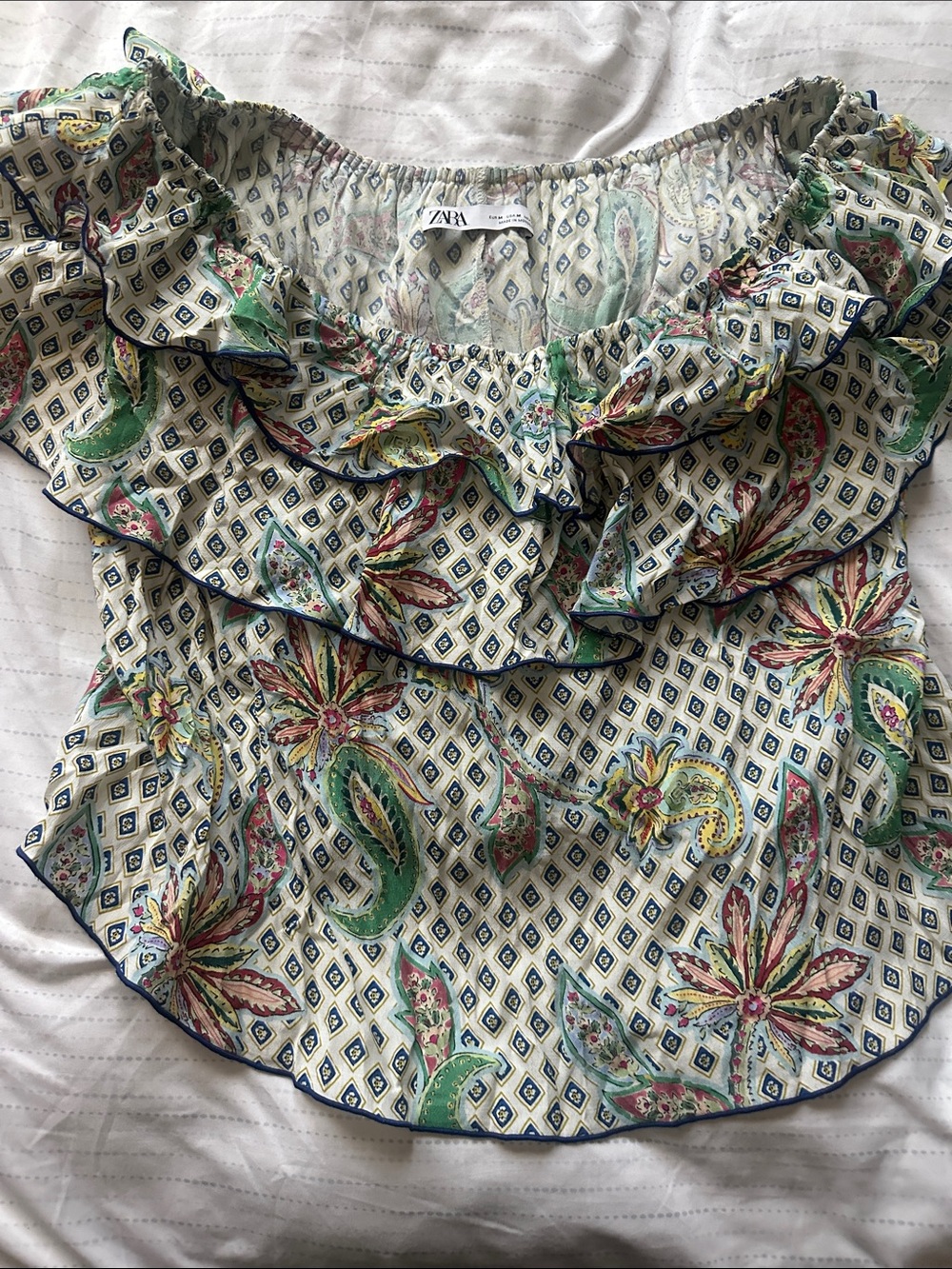 Zara Cream Floral Paisley Ruffle Off-Shoulder Top with Green Accents